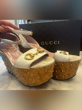 Gucci Cream Suede Cork Platform Sandals with Gold Horsebit & Studs